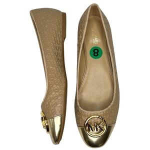 Michael Kors Ballet Flats MK Logo Embossed Gold Tan Beige 8M Luxe Neutral